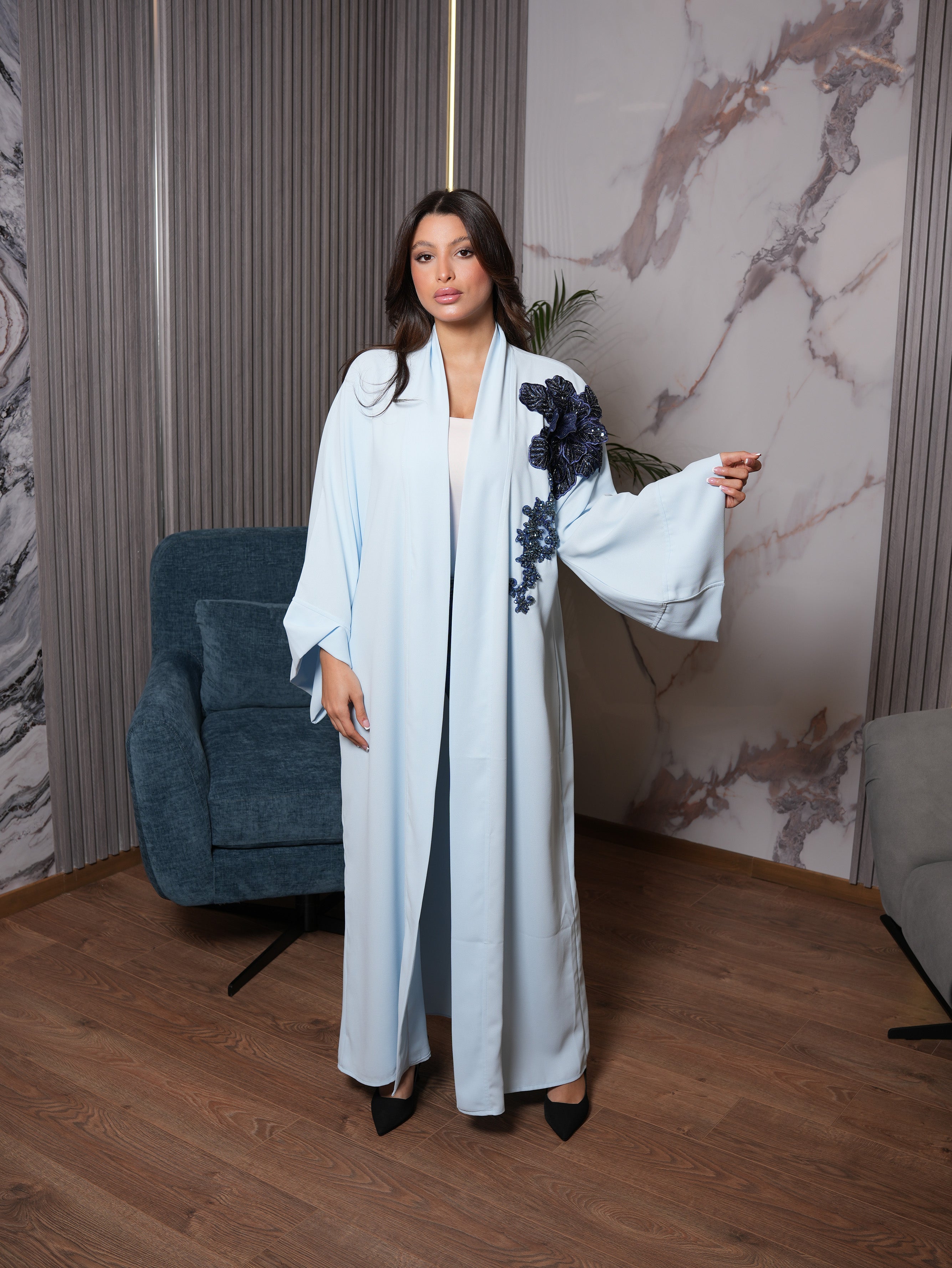 Powder Blue Navy Floral Abaya