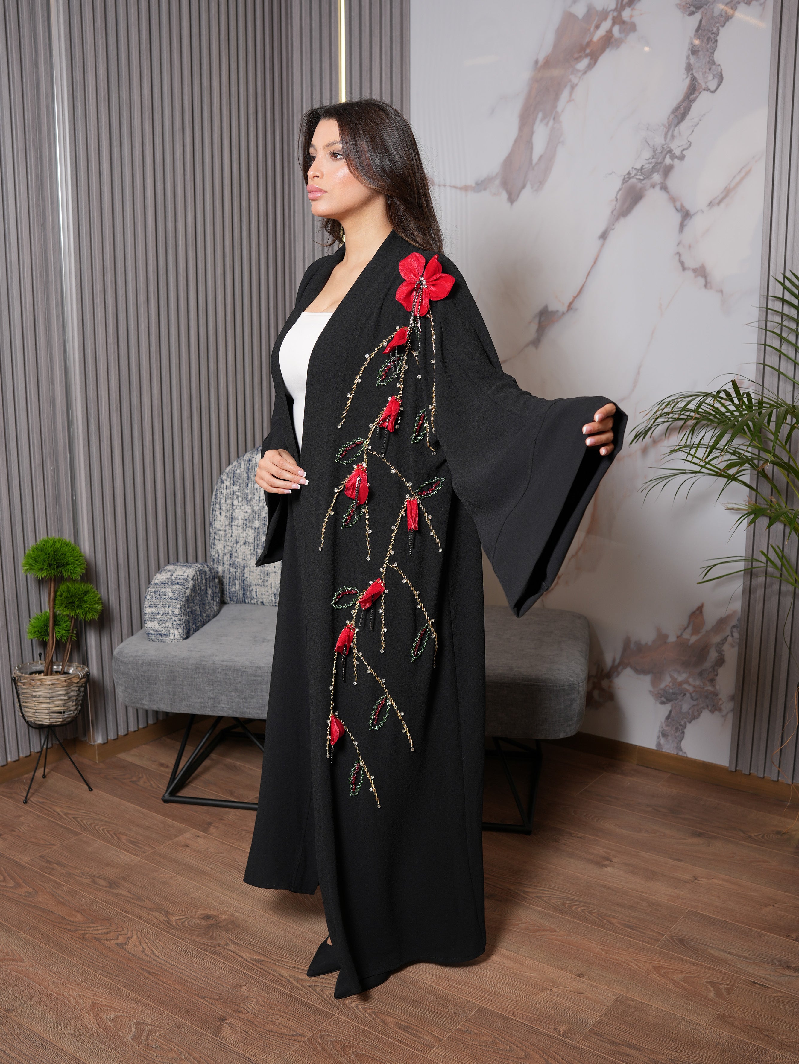 Black Abaya with Red Flowers and Gold Chains