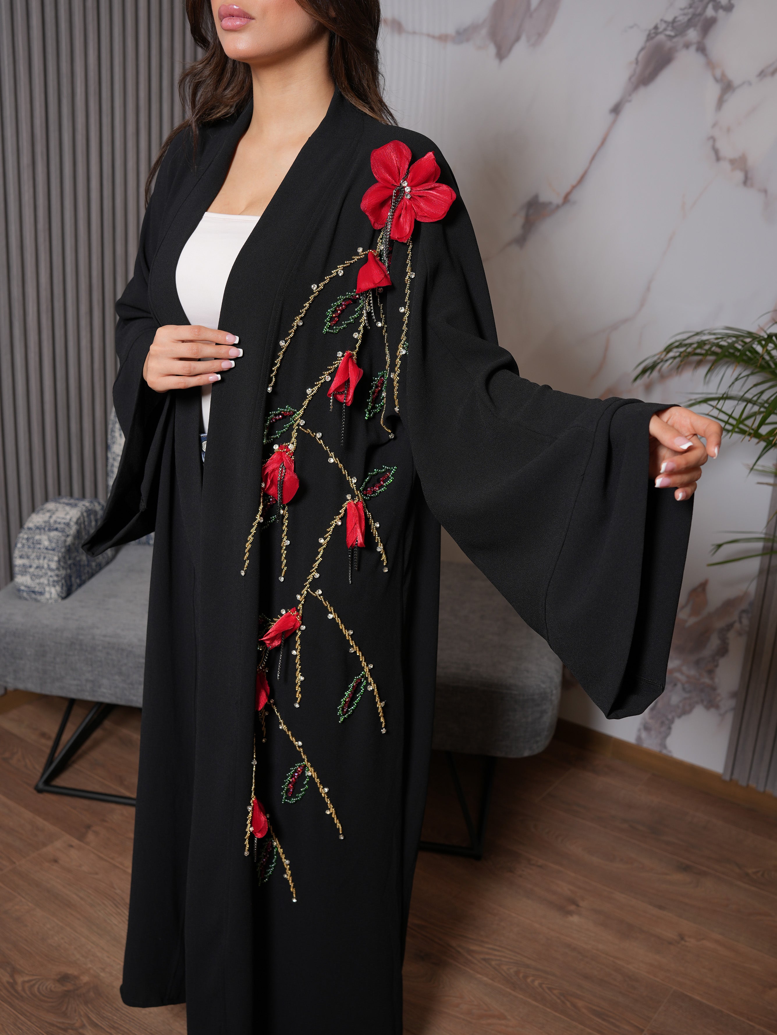 Black Abaya with Red Flowers and Gold Chains