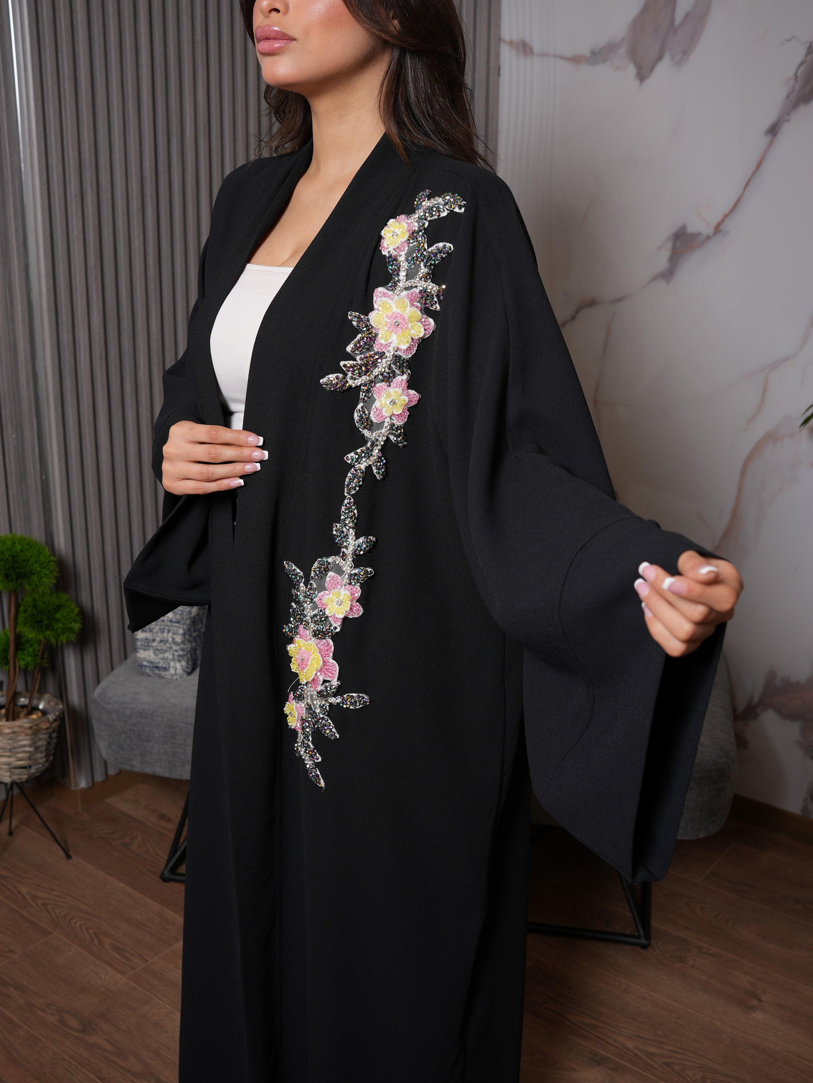 Pink & Yellow Floral Beaded Abaya