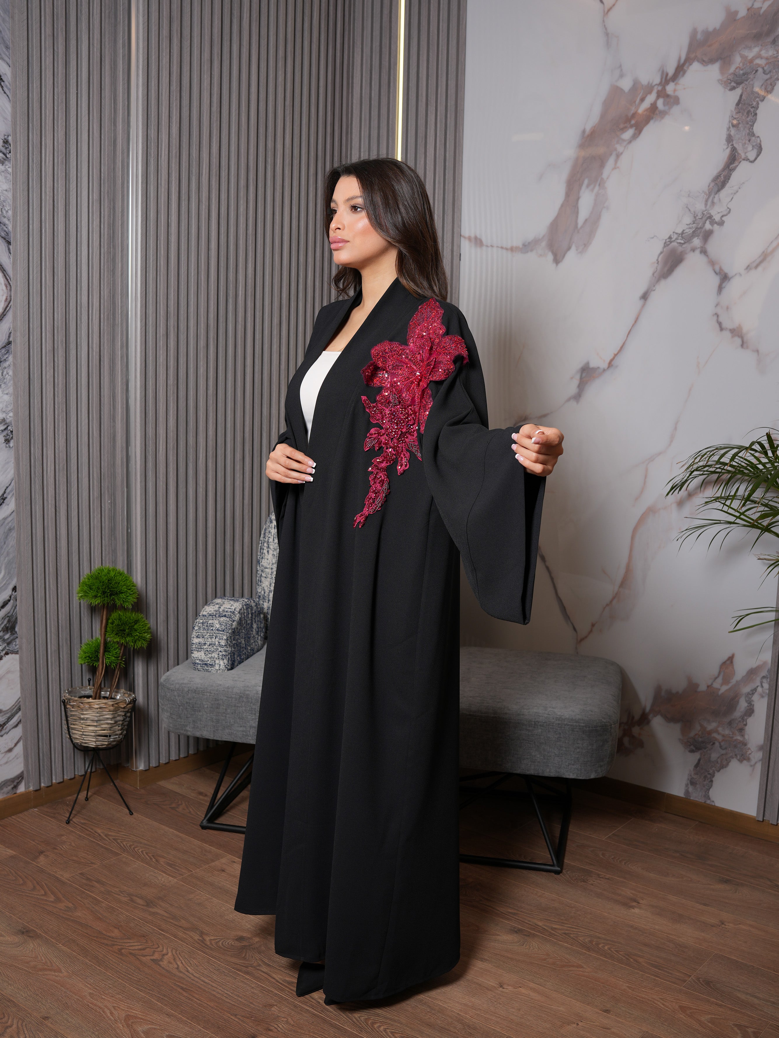 Burgundy Sequined Floral Abaya