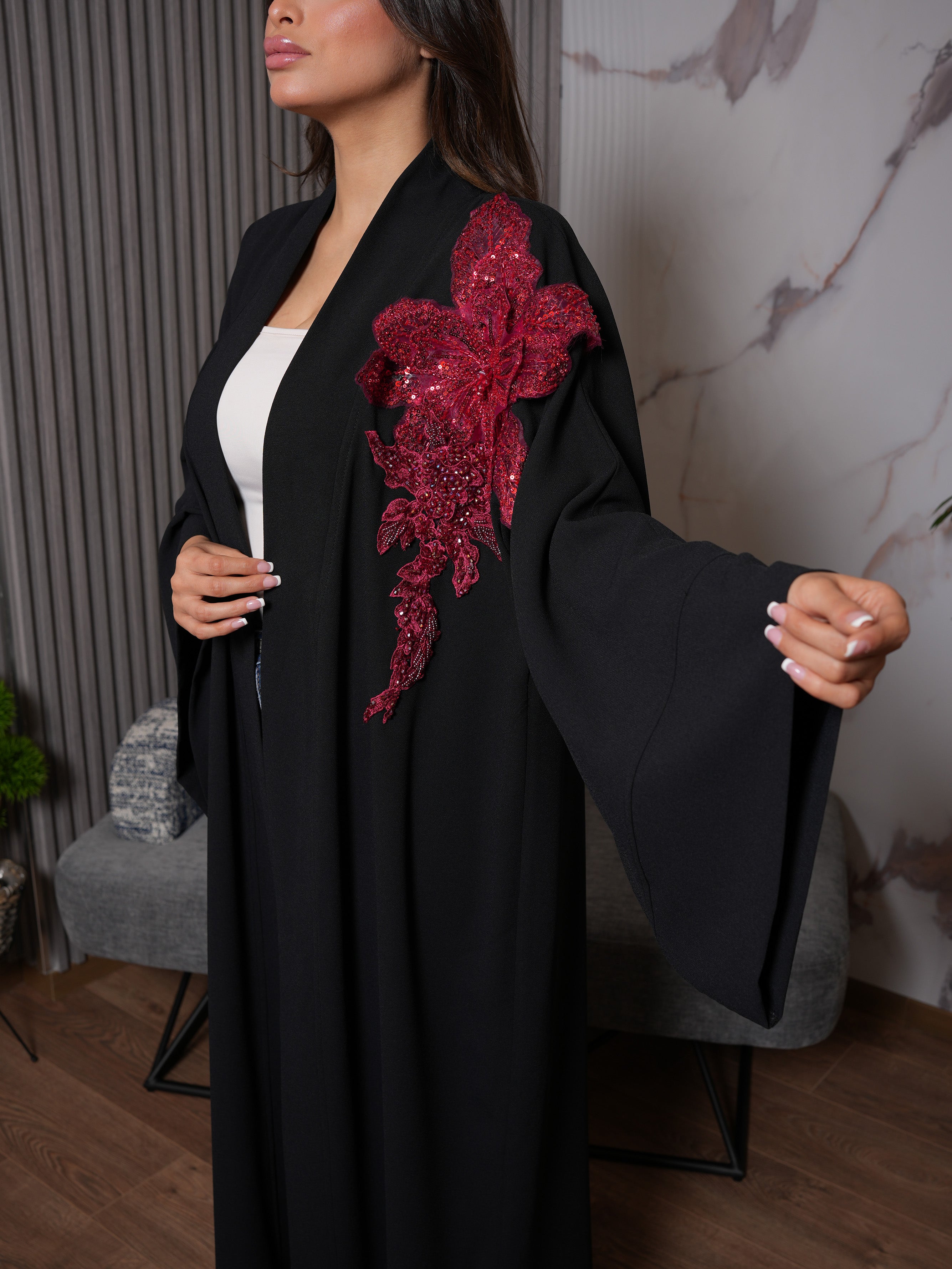 Burgundy Sequined Floral Abaya