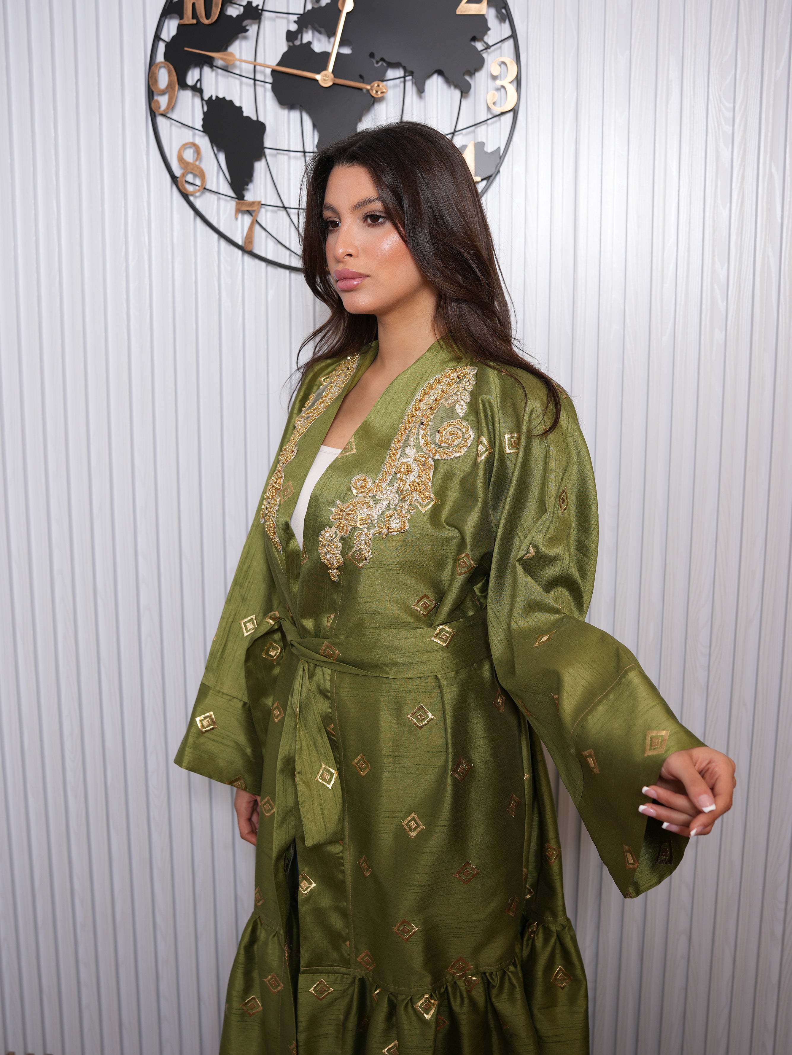 Olive Green Gold Embroidered Abaya