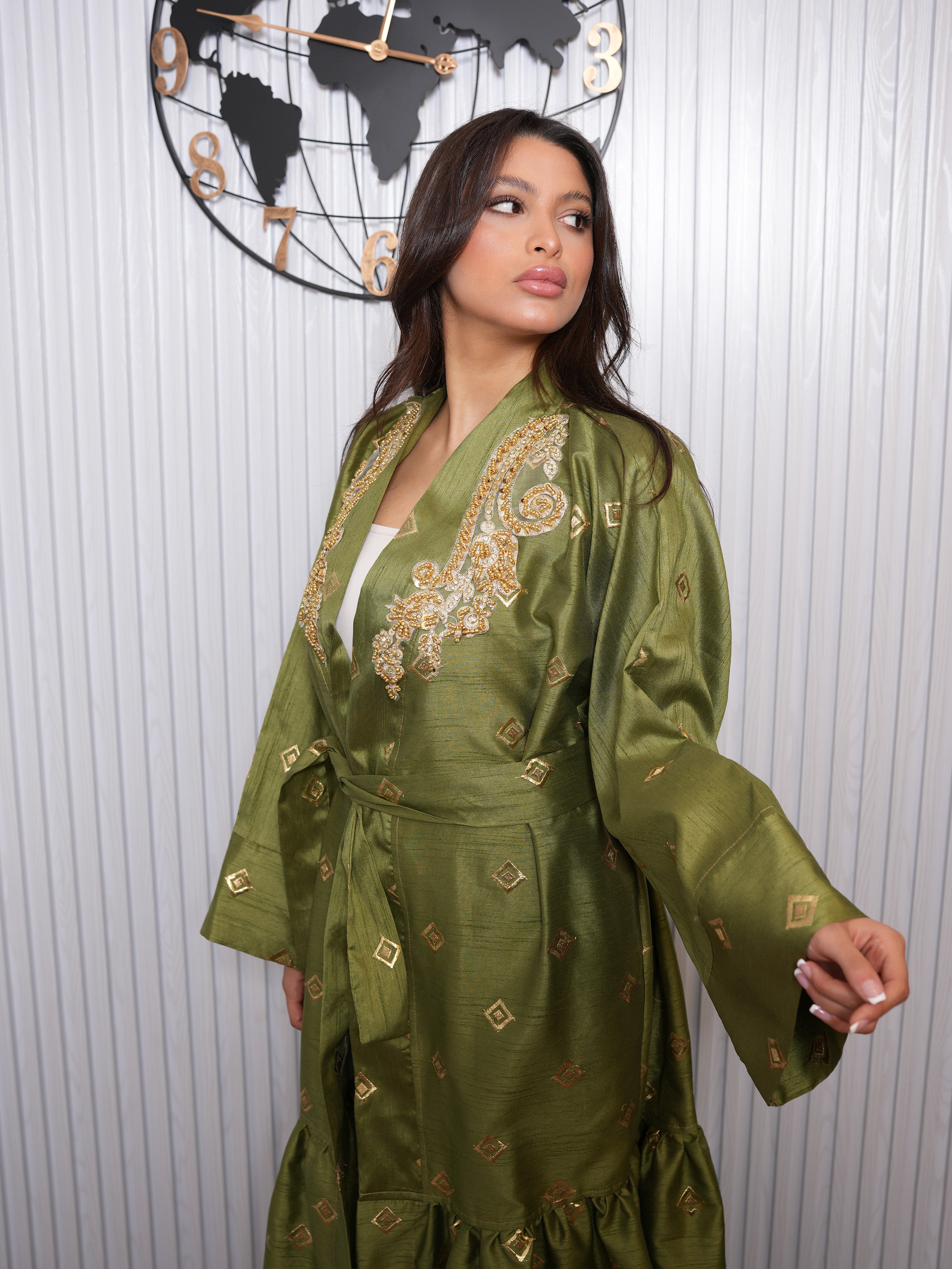 Olive Green Gold Embroidered Abaya