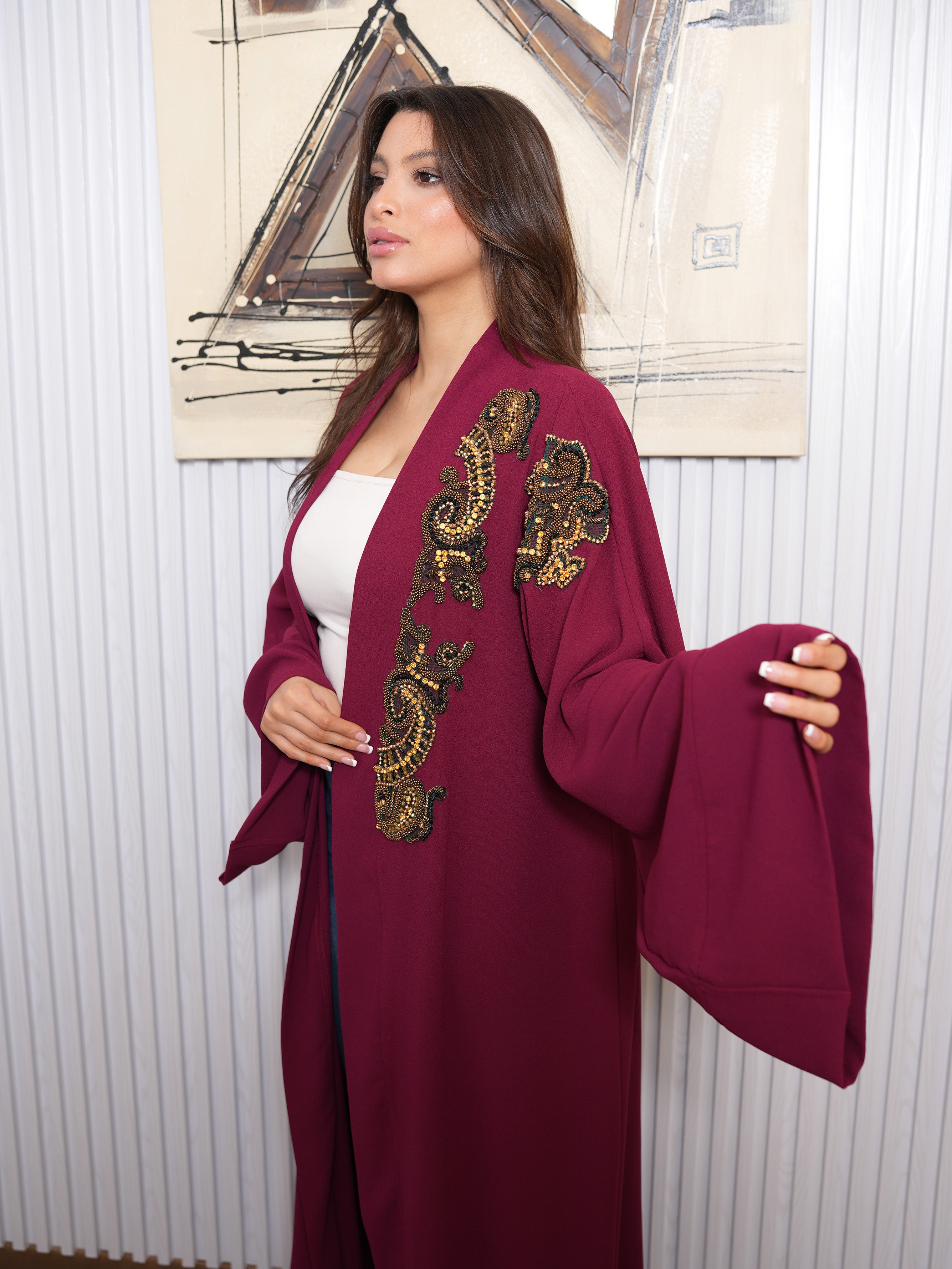 Burgundy Gold Beaded Abaya