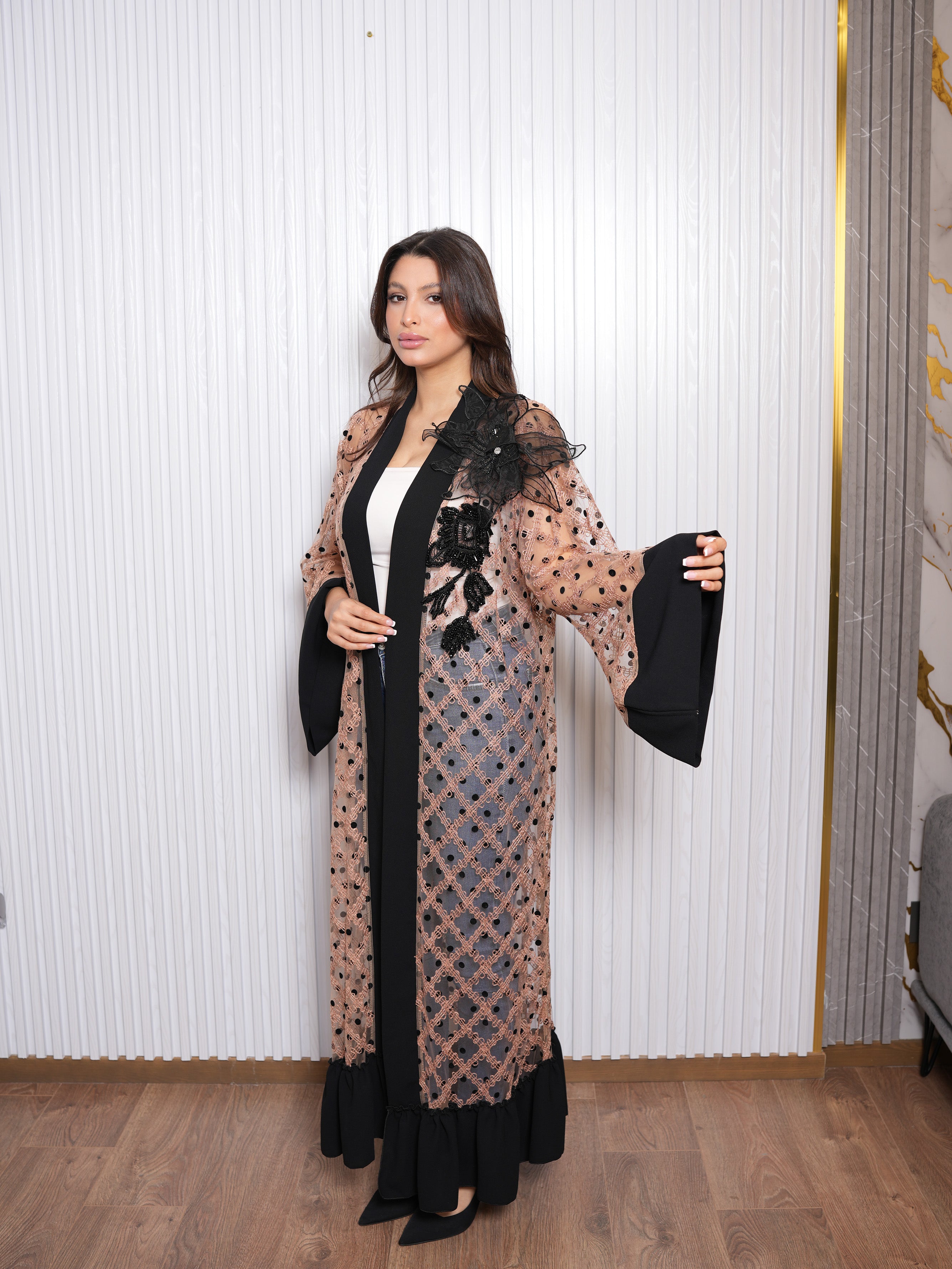 Nude Sequined Mesh Overlay Abaya