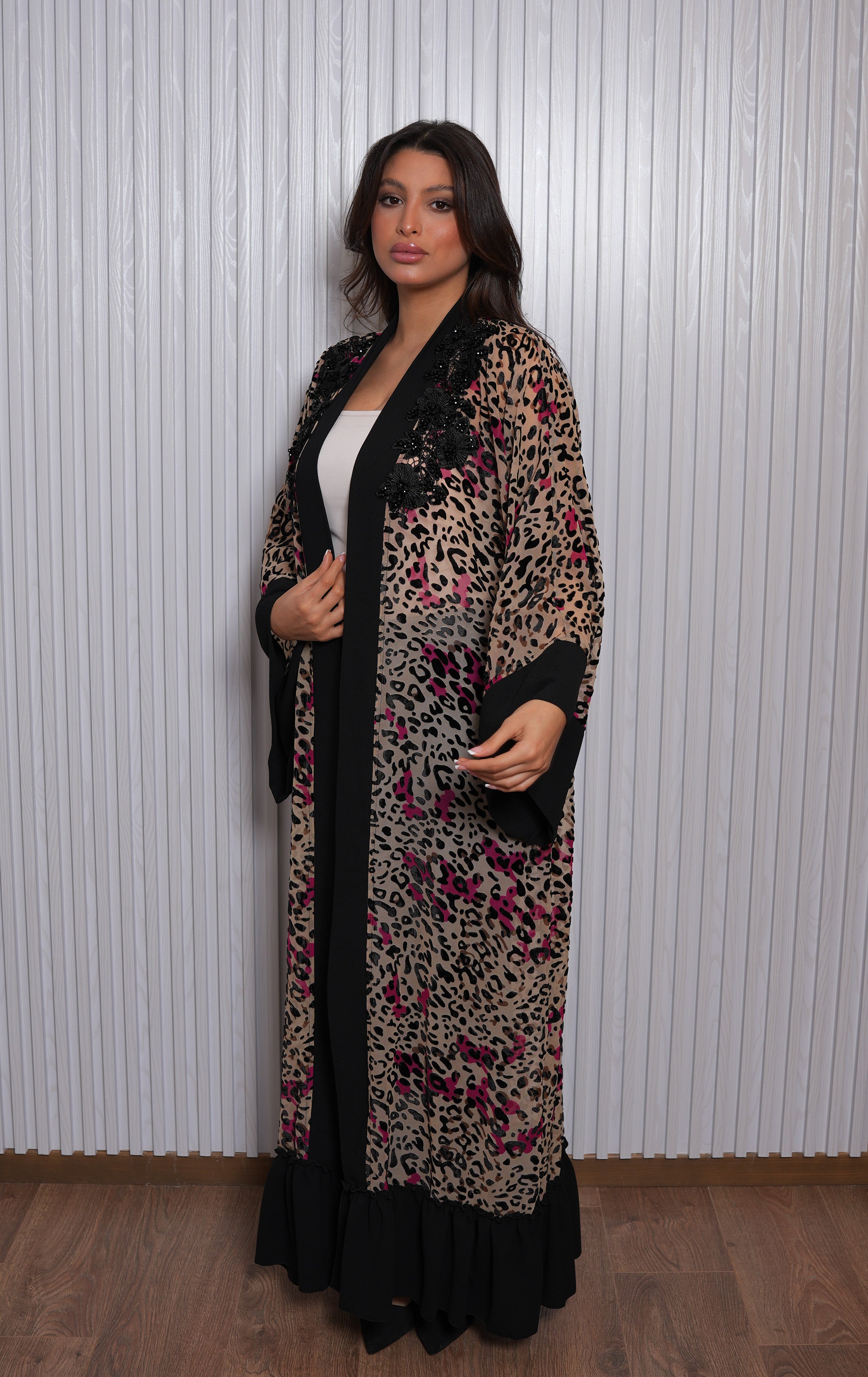 Leopard Print Floral Mesh Abaya
