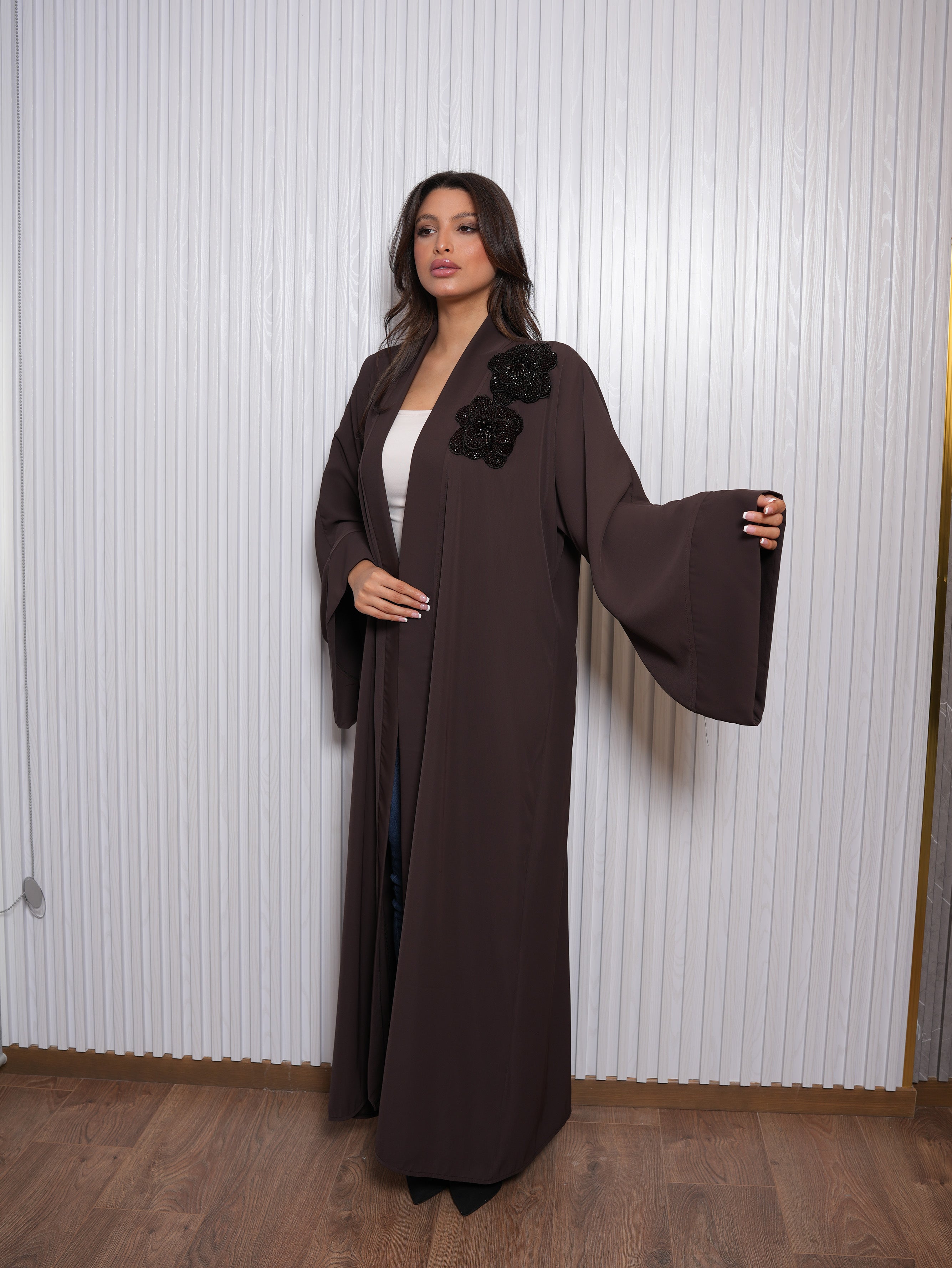 Brown Black Beaded Floral Abaya
