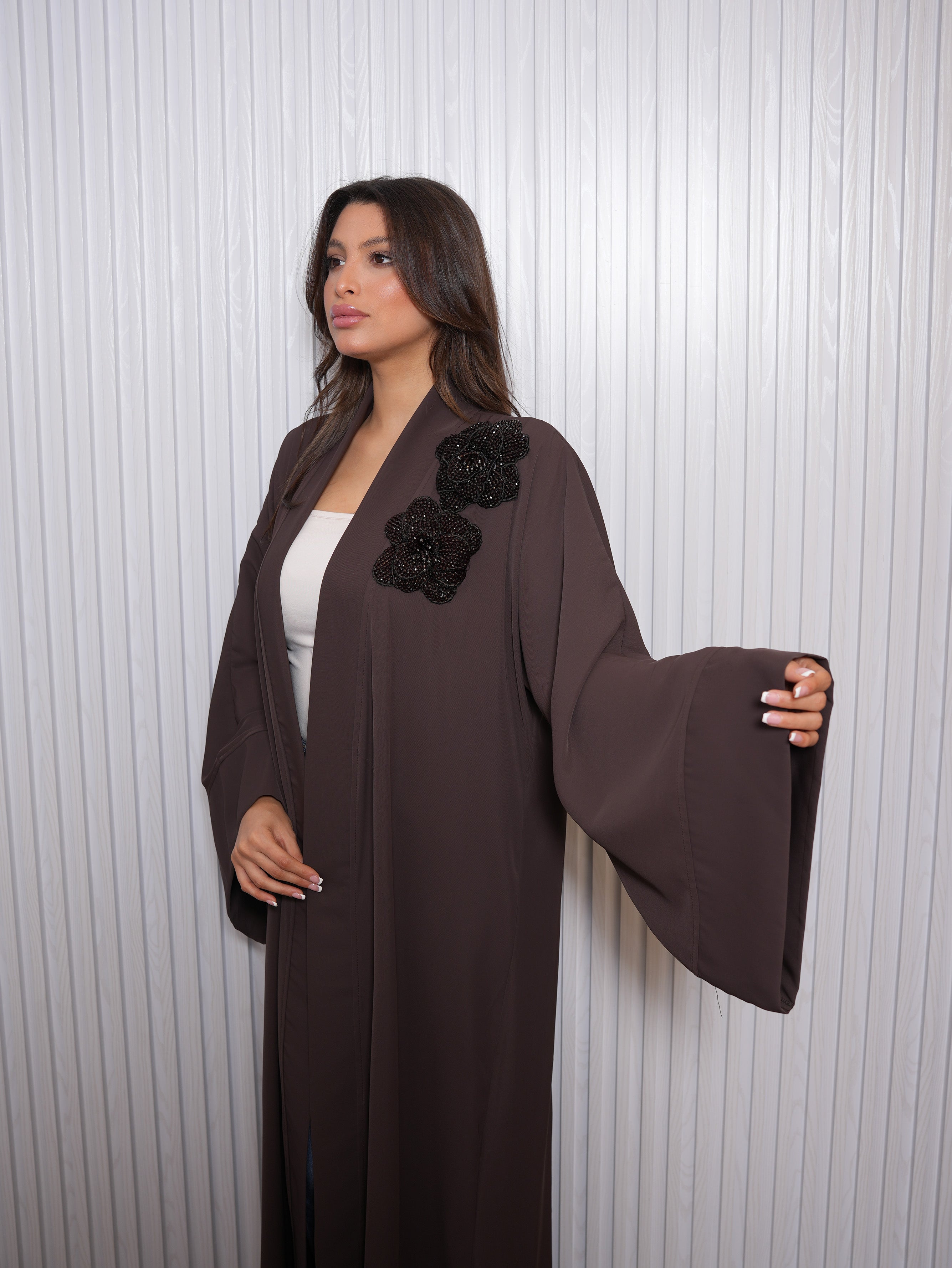 Brown Black Beaded Floral Abaya