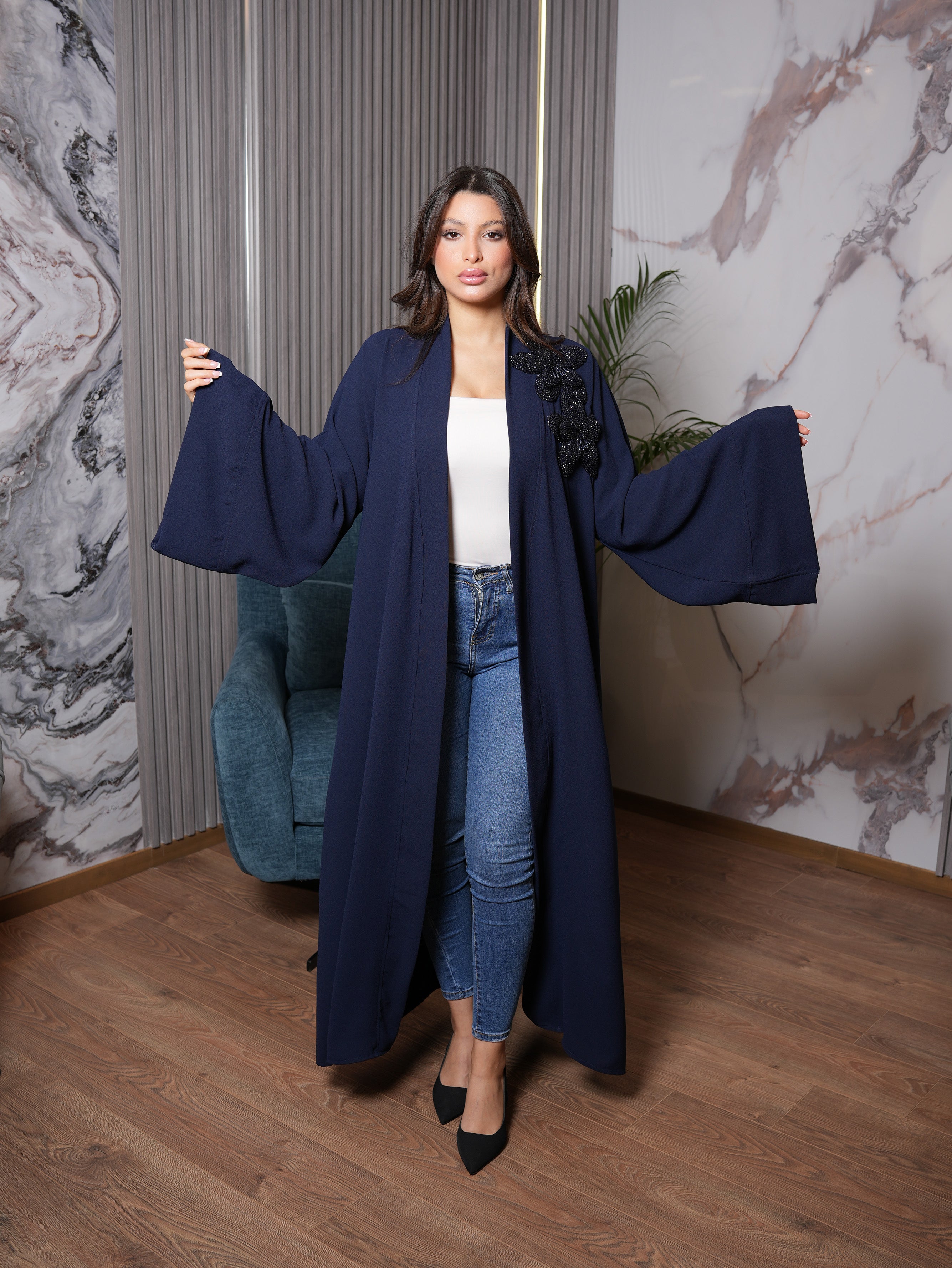 Navy Blue Crystal Beaded Abaya