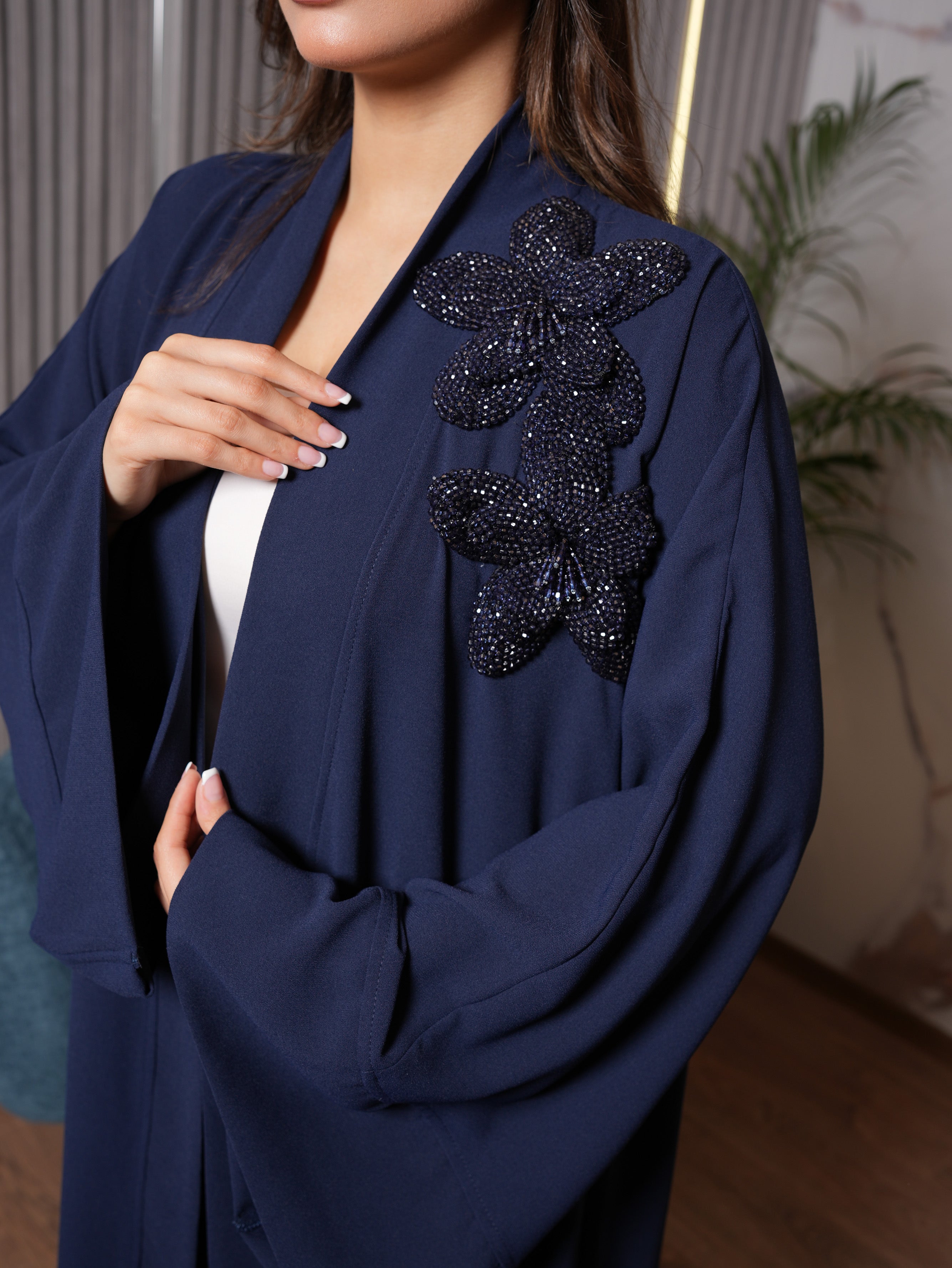Navy Blue Crystal Beaded Abaya