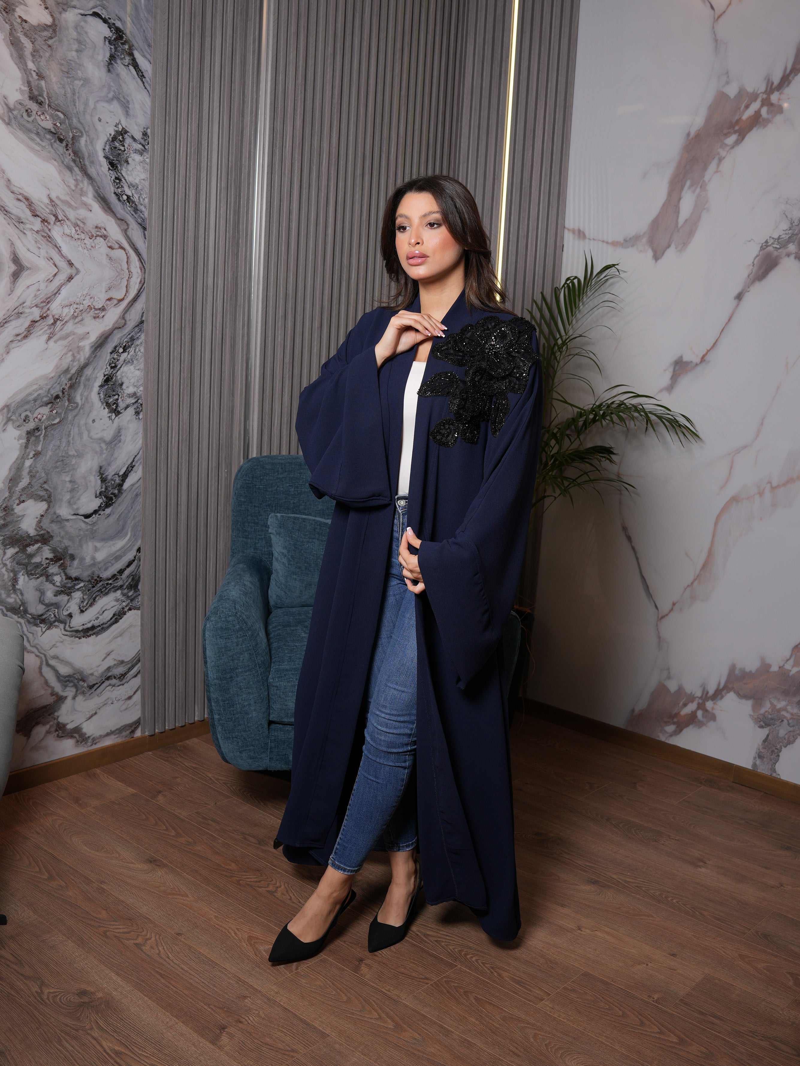 Navy Blue Crystal Beaded Abaya