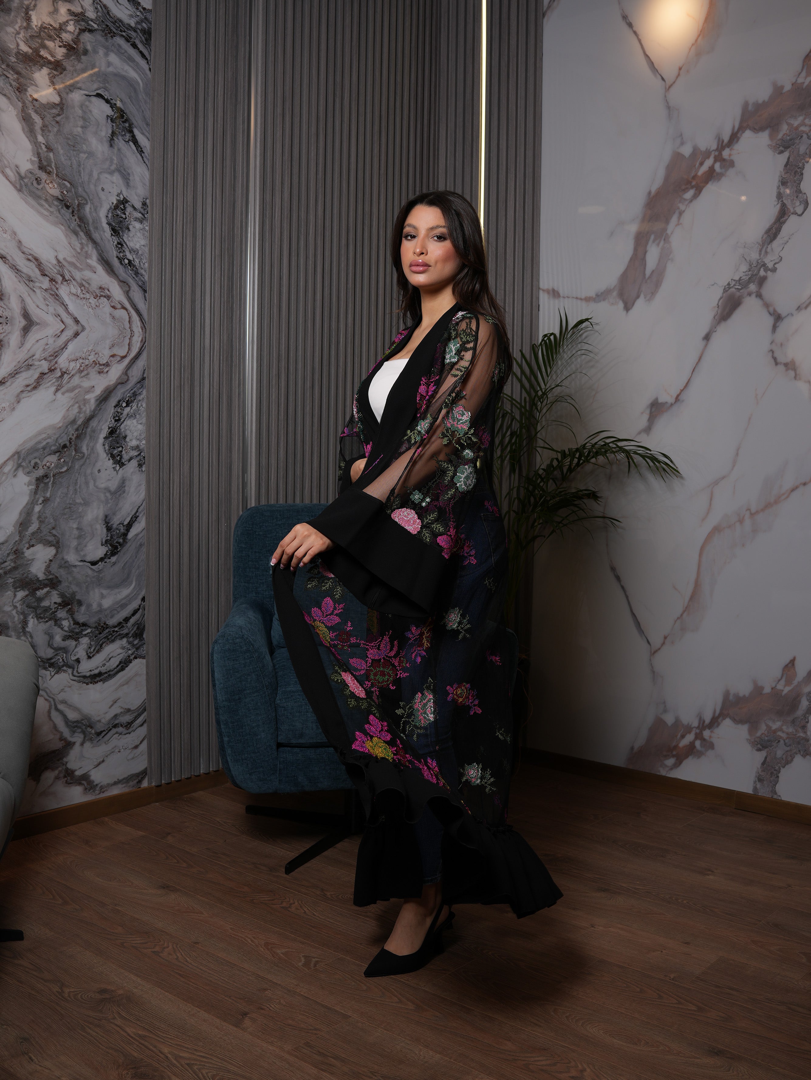 Black Multicolor Floral Embroidered Mesh Abaya