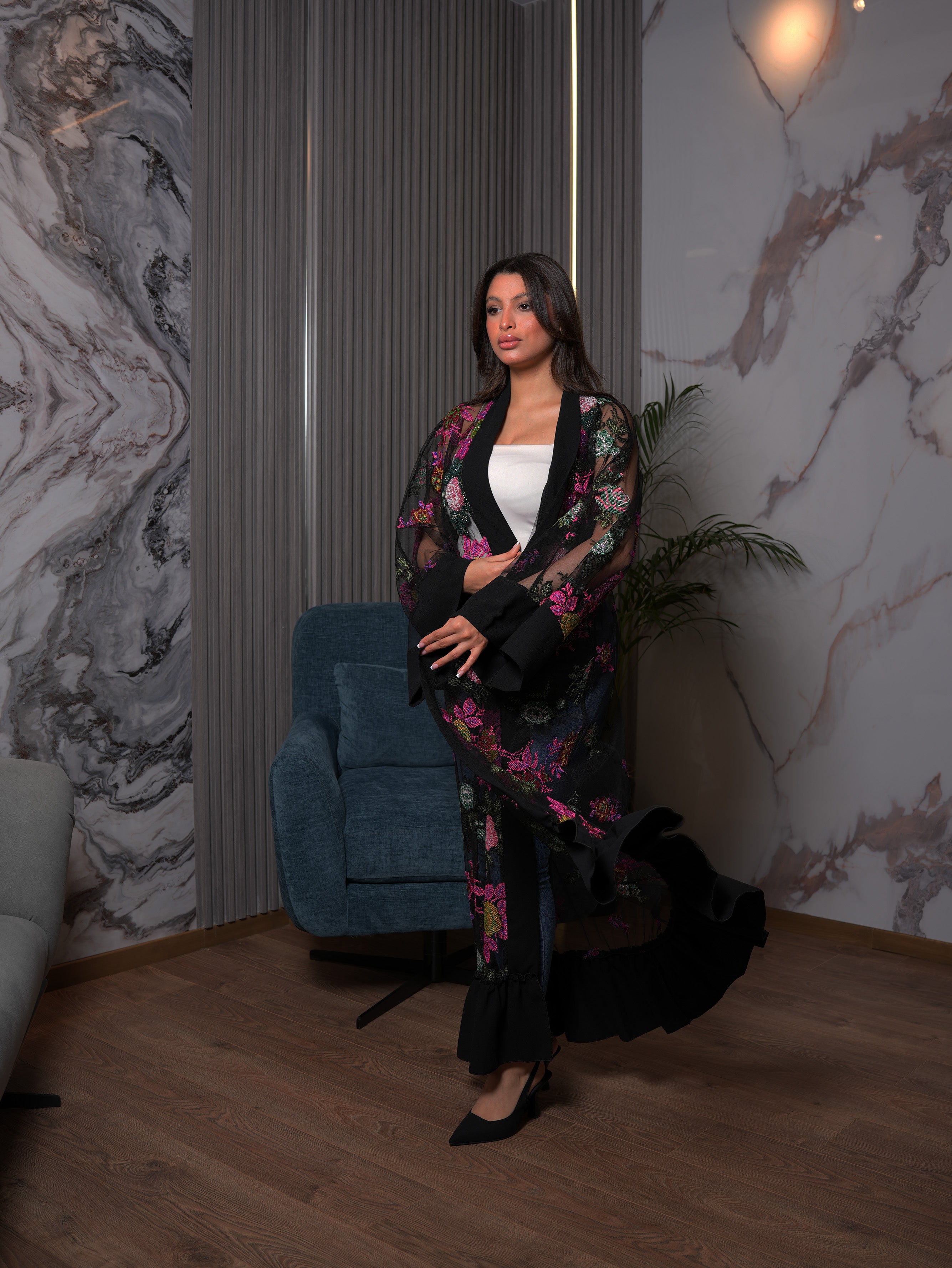 Black Multicolor Floral Embroidered Mesh Abaya