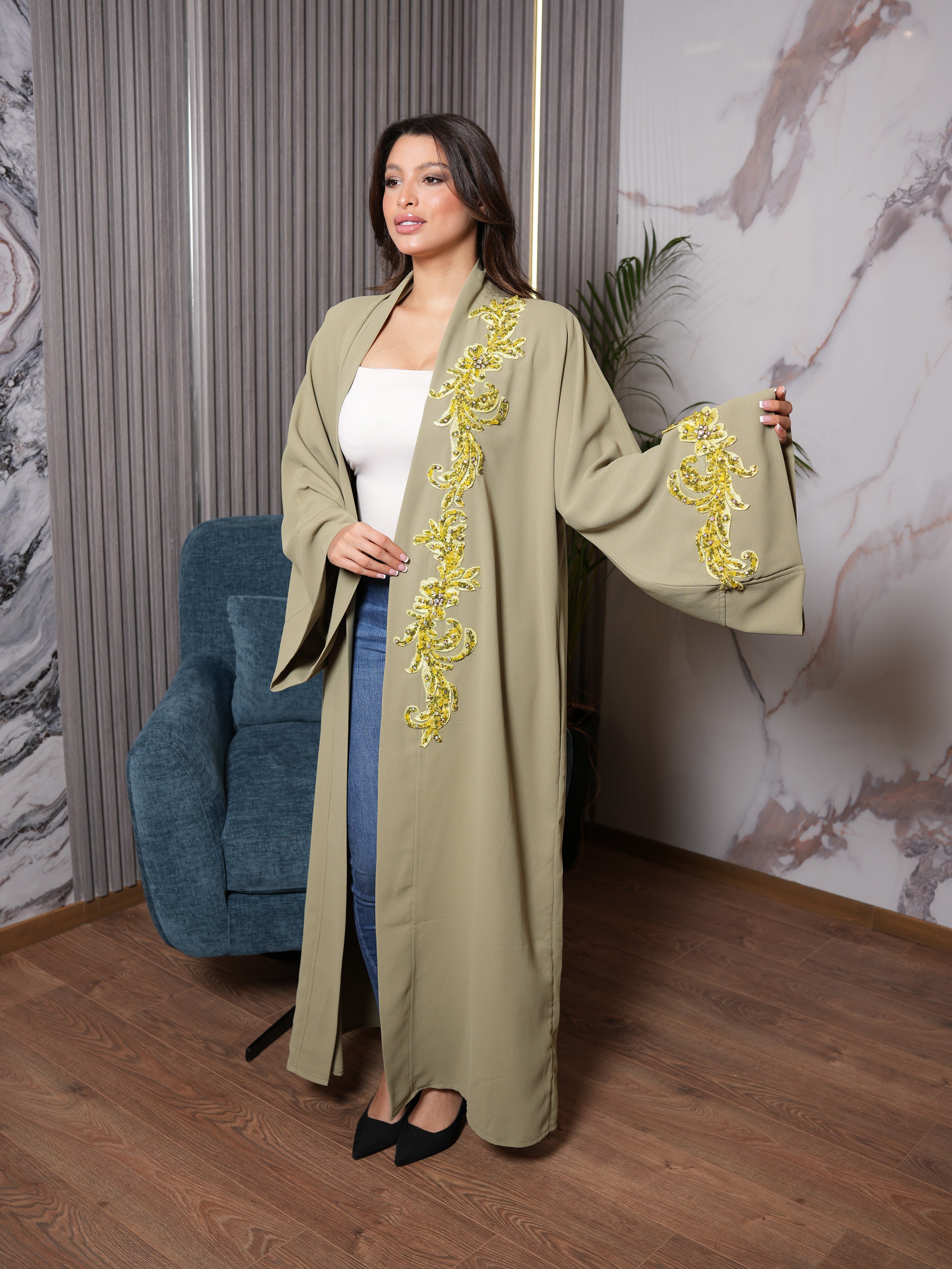 Sage Green Gold Baroque Embroidered Abaya
