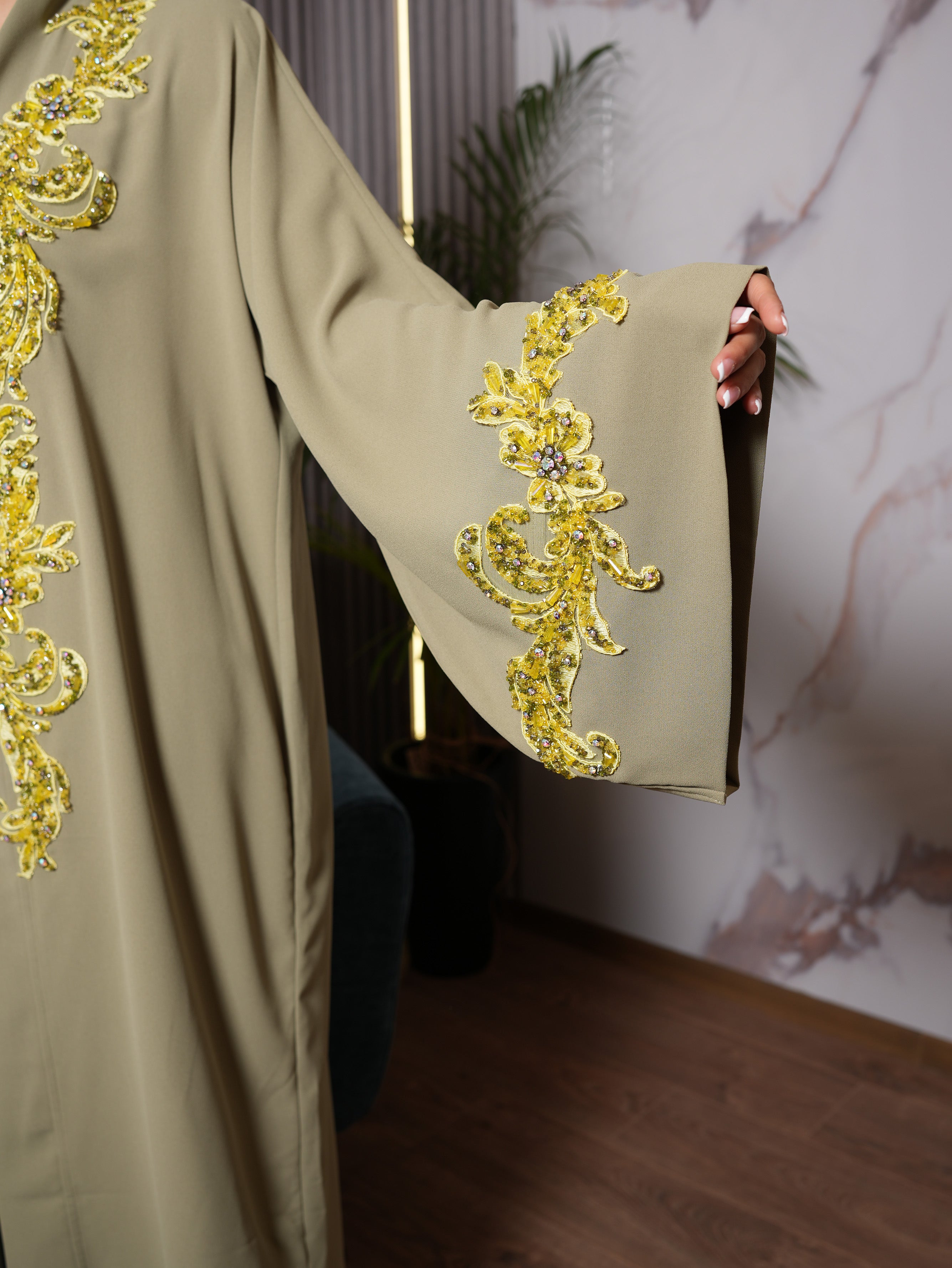 Sage Green Gold Baroque Embroidered Abaya